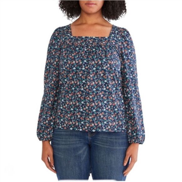 Lucky Brand Long Sleeve Top, Square Neck, (navy/red/white) Pattern - Picture 1 of 5